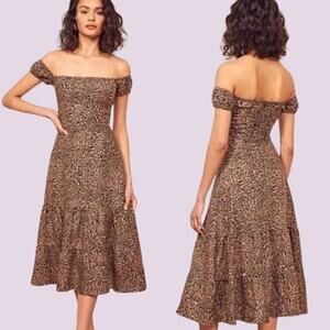 Reformation Toulouse Leopard Midi Dress Womens Sz 2 100% Linen Tiered Smocked